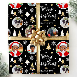 Vrolijk Kerstfeest Bomen Fotonaam Zwart Cadeaupapier