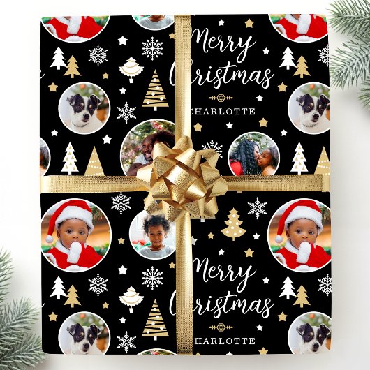 Vrolijk Kerstfeest Bomen Fotonaam Zwart Cadeaupapier