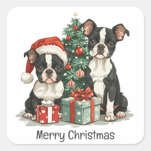 Vrolijk kerstfeest Boston Terrier Honden Vierkante Sticker (Voorkant)