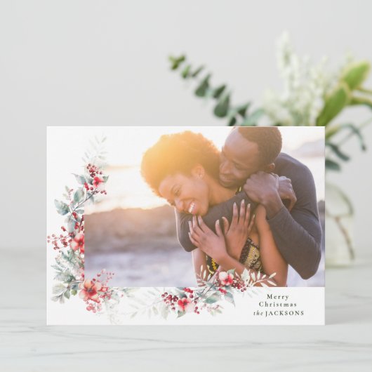 Vrolijk Kerstfeest Botanische Krans Foto Feestdagenkaart (Staand voorkant)