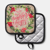 Vrolijk Kerstfeest Calgrafie Holly Krans Rood Groe Pannenlap (Voorkant / Achterkant)