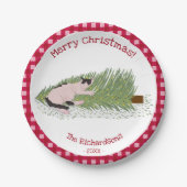 vrolijk kerstfeest! Cat vs Tree Red Gingham Papieren Bordje (Voorkant)