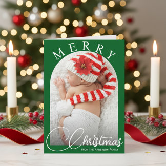 Vrolijk Kerstfeest Classic Groen & Wit Familiefoto Feestdagen Kaart