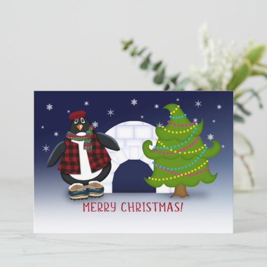 Vrolijk kerstfeest! Cool Penguin en Igloo Feestdagenkaart (Staand voorkant)