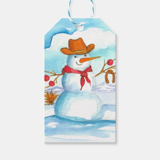 Vrolijk Kerstfeest Cowboy Sneeuwman Cadeaulabel (Voorkant)