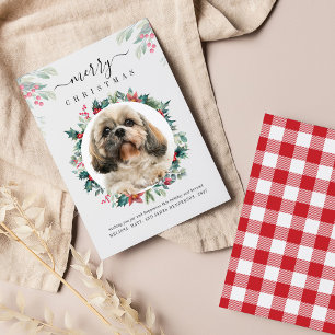 Vrolijk Kerstfeest Custom Dog Photo Botanical Notitiekaartje