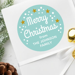 Vrolijk Kerstfeest Custom Name Simple Mint Blauw-G Ronde Sticker