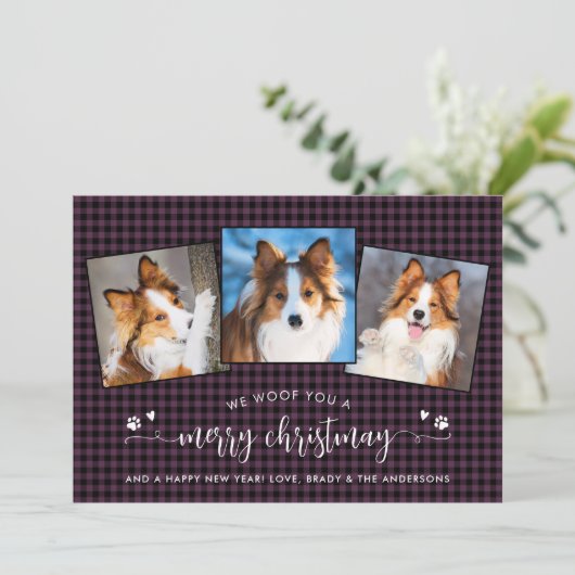 Vrolijk Kerstfeest Custom Plum Fun Dog Photo Colla Feestdagenkaart (Staand voorkant)