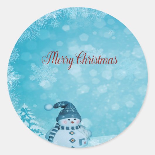 Vrolijk kerstfeest, Cute Snowman Pine Tree Ronde Sticker (Voorkant)