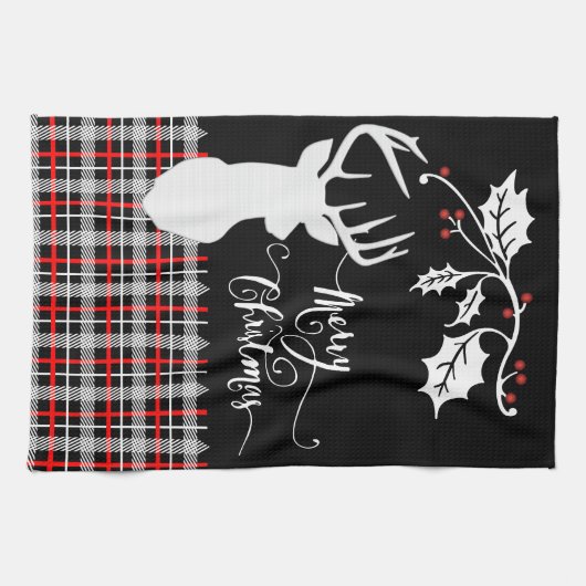 Vrolijk kerstfeest Deer - Red Pset Theedoek (Horizontaal)