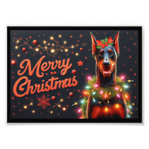Vrolijk Kerstfeest Doberman Hond Twinkling Xmas Li Foto Afdruk