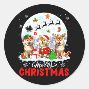 Vrolijk Kerstfeest Drie Santa Elf Rendier Shiba In Ronde Sticker