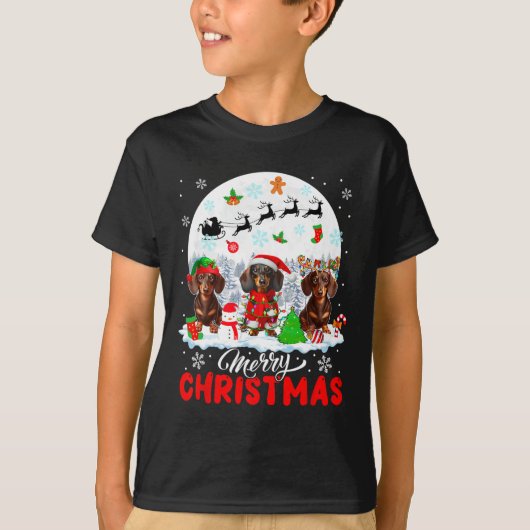 Vrolijk Kerstfeest Drie Santa Elf Rendier Teckel T-shirt (Voorkant)