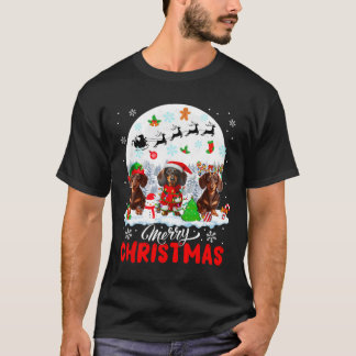 Vrolijk Kerstfeest Drie Santa Elf Rendier Teckel T-shirt