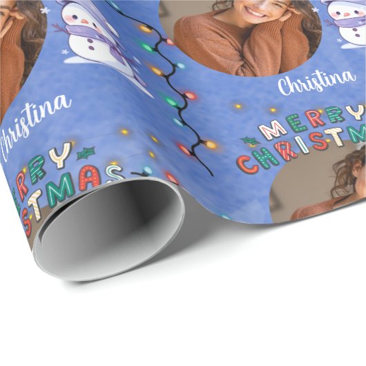 Vrolijk kerstfeest een cirkel foto en naam sneeuwp cadeaupapier (Rol Hoek)