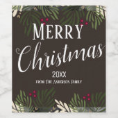 Vrolijk kerstfeest Elegant Floral Berries Wijnlabe Wijn Etiket (Enkel label)