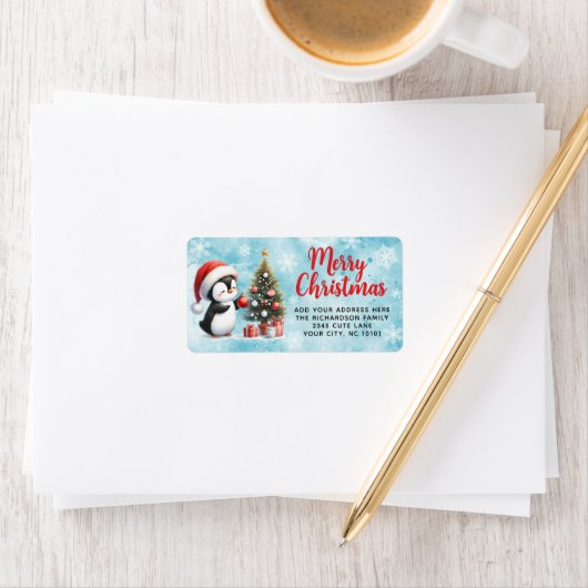 Vrolijk Kerstfeest Elegant Fun Penguin Rood en Bla Etiket (Insitu)