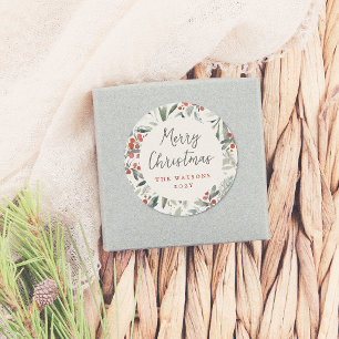 Vrolijk Kerstfeest Elegant Holly & Pine Vakantie Ronde Sticker