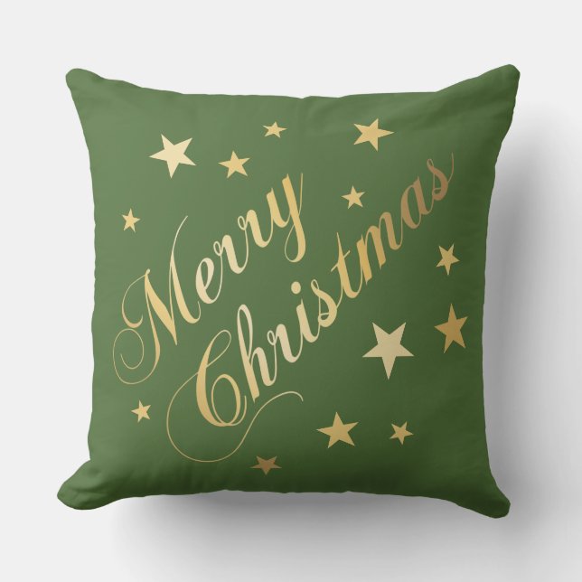 Vrolijk kerstfeest Elegant Script Gold Stars Green Kussen (Voorkant)