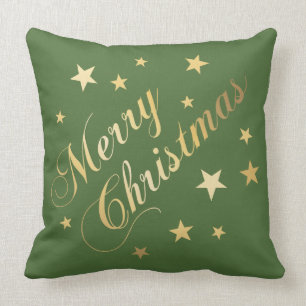 Vrolijk kerstfeest Elegant Script Gold Stars Green Kussen