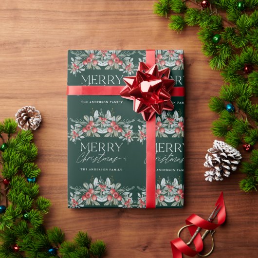 Vrolijk Kerstfeest Elegant Script Greenery Kerstmi Cadeaupapier (Feestdagen Geschenken)