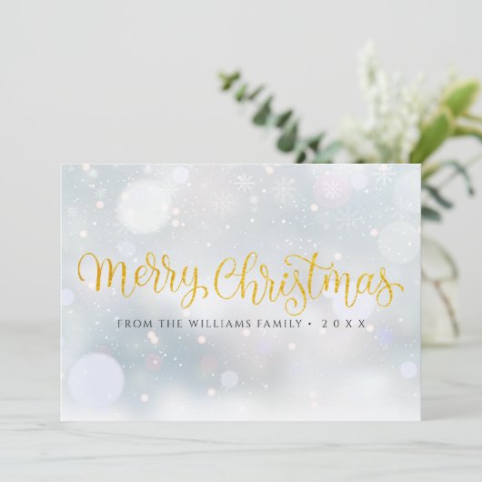 Vrolijk Kerstfeest Elegante Gouden Script Sneeuwvl Feestdagenkaart (Staand voorkant)