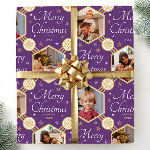 Vrolijk Kerstfeest Elegante Sneeuwvlok Foto Paarse Cadeaupapier