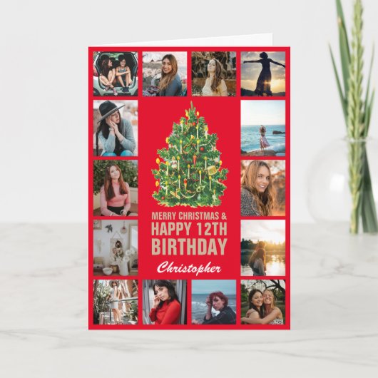 Vrolijk kerstfeest en 12e Happy Birthday Red & Gol Kaart (Voorkant)