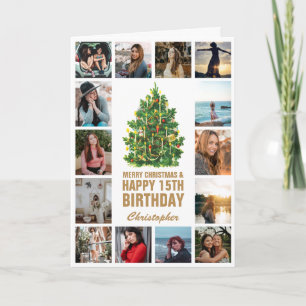 Vrolijk kerstfeest en 15e Happy Birthday-foto Kaart