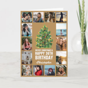 Vrolijk kerstfeest en 36e Happy Birthday Gold Kaart