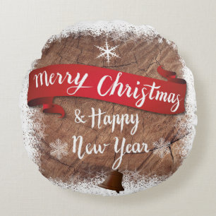 Vrolijk kerstfeest en gelukkig nieuwjaar hout text rond kussen