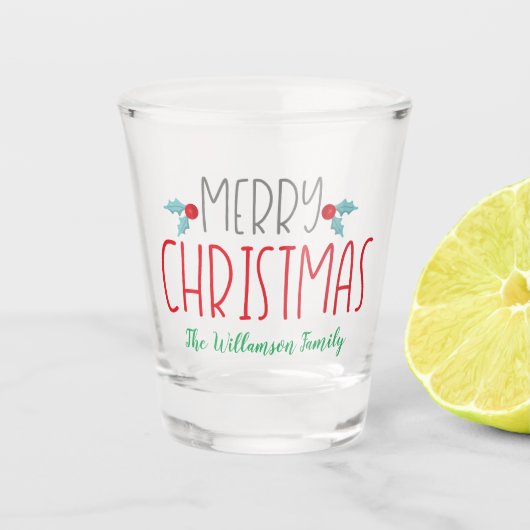 Vrolijk kerstfeest en kleurrijk shot glas (Voorkant)
