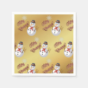 Vrolijk kerstfeest en sneeuwpop - op faux gold servet