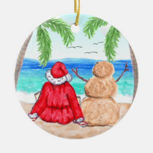 Vrolijk kerstfeest en Snowman op strand Keramisch Ornament