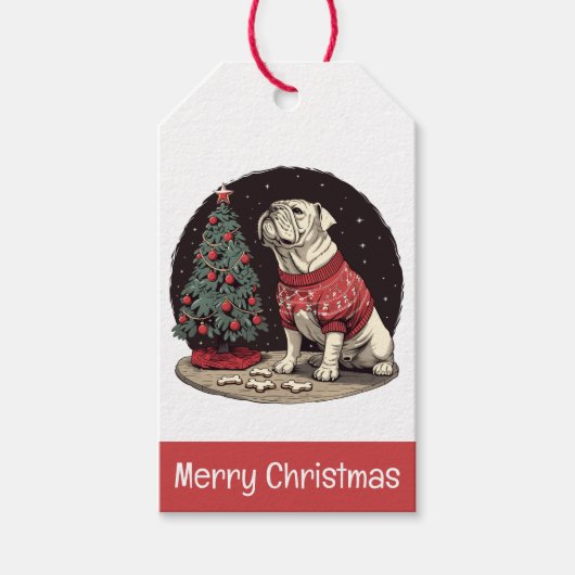 Vrolijk Kerstfeest Engelse Bulldog Kerstboom Cadeaulabel (Voorkant)
