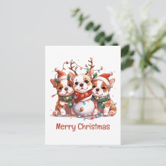 Vrolijk Kerstfeest Engelse Bulldog Rendier Santa Briefkaart (Staand voorkant)