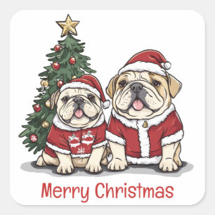 Vrolijk Kerstfeest Engelse Bulldog Santa Hats Vierkante Sticker