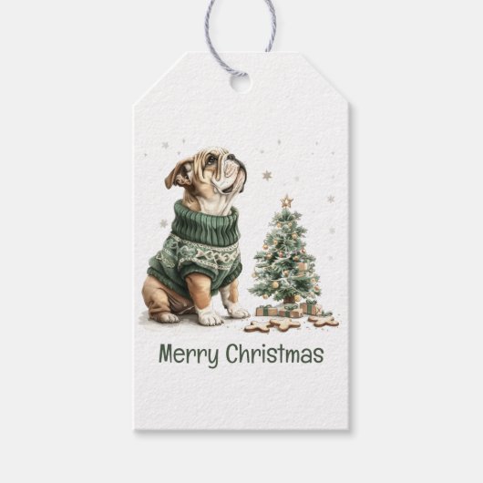 Vrolijk Kerstfeest Engelse Bulldogs Kerstboom Cadeaulabel (Voorkant)