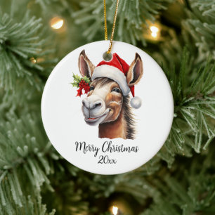 Vrolijk Kerstfeest Ezel in Santa Hat Holly Custom Keramisch Ornament