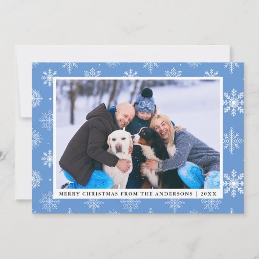 Vrolijk Kerstfeest Familie Foto Blauw Sneeuwvlokke Kaart (Voorkant)