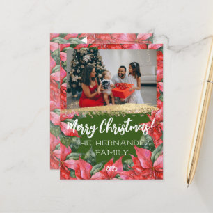 Vrolijk Kerstfeest Familie Foto Waterverf Poinsett Feestdagenkaart