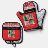 Vrolijk Kerstfeest Familienaam Fotocollage Rood Ovenwant & Pannenlap Set (Voorkant / Achterkant)