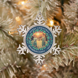 Vrolijk kerstfeest familienaam Holly bessen foto Tin Sneeuwvlok Ornament