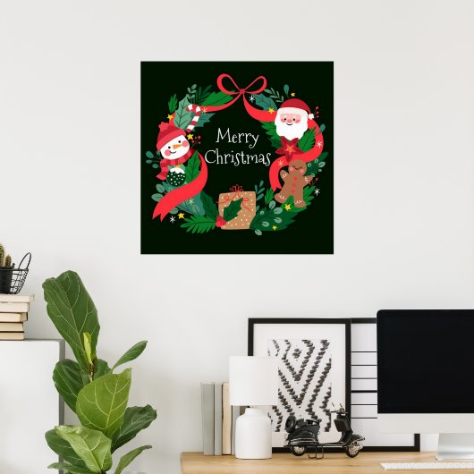 Vrolijk kerstfeest Fancy Wit, Kerstman en sneeuwma Poster (Thuiskantoor)