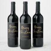vrolijk kerstfeest | Faux Gold Casual Script op zw Wijn Etiket (Flessen)