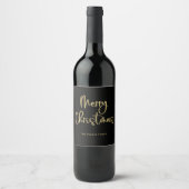 vrolijk kerstfeest | Faux Gold Casual Script op zw Wijn Etiket (Voorkant)