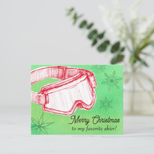 Vrolijk Kerstfeest Favoriete Skier Goggles Groen Feestdagenkaart (Staand voorkant)