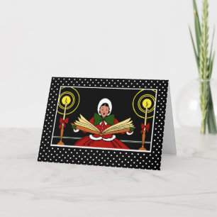 Vrolijk kerstfeest, feestelijk meisje zingen een c feestdagen kaart