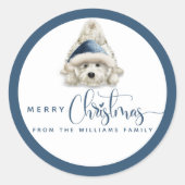 Vrolijk Kerstfeest, Feestelijke Puppy, Blauw en Wi Ronde Sticker (Voorkant)