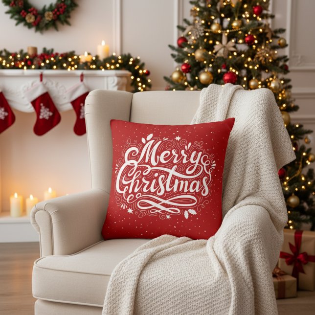 Vrolijk kerstfeest feestelijke rode en witte feest kussen (Merry Christmas Festive Red and White Holiday Throw Pillow)